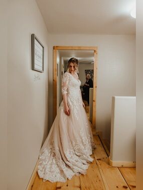 Allure Bridals Blush and Ivory Lace A-Line Wedding Dress with Custom Sleeves